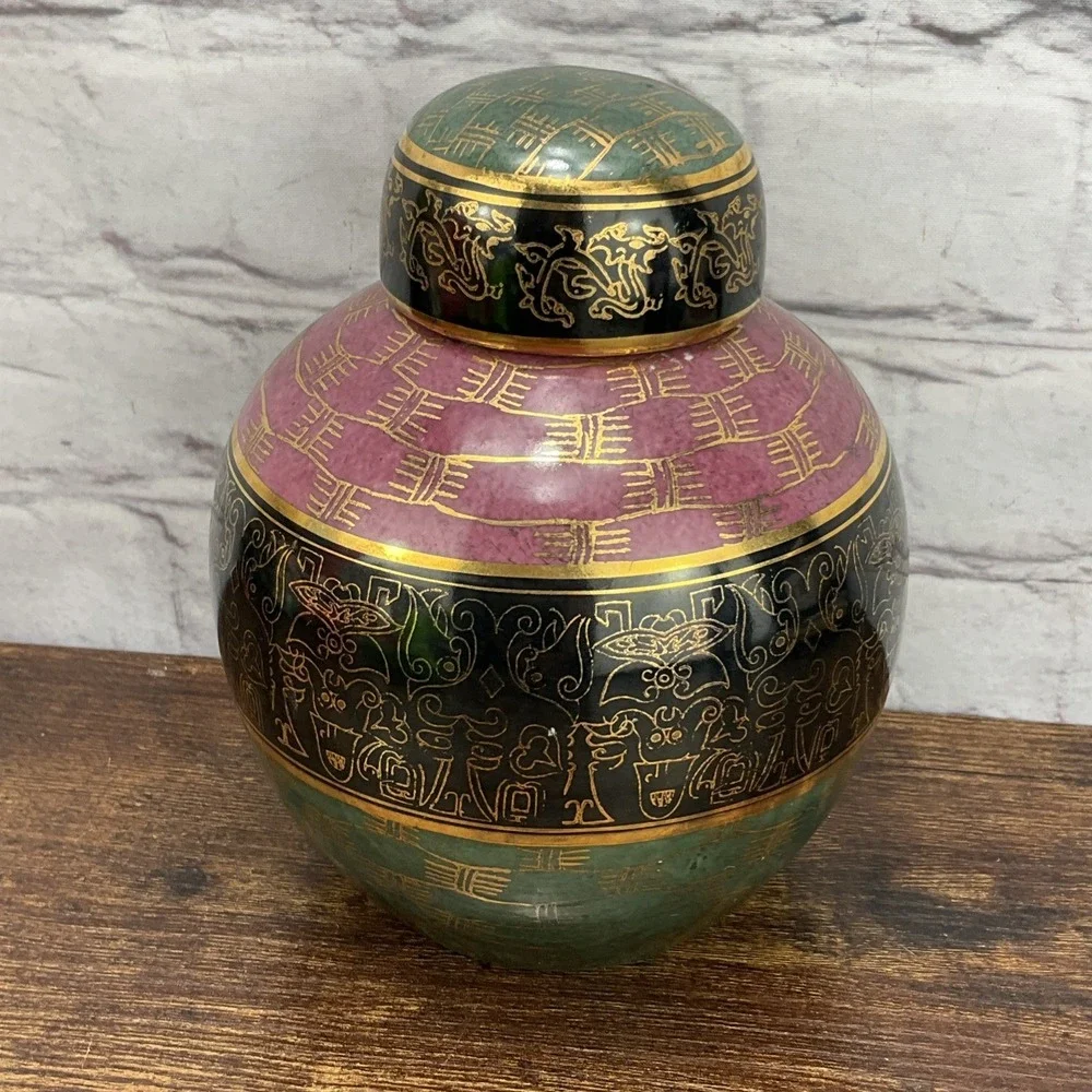 Vintage Chinese Ginger Jar Black Green And Pink Elaborate Gold Design Dragon